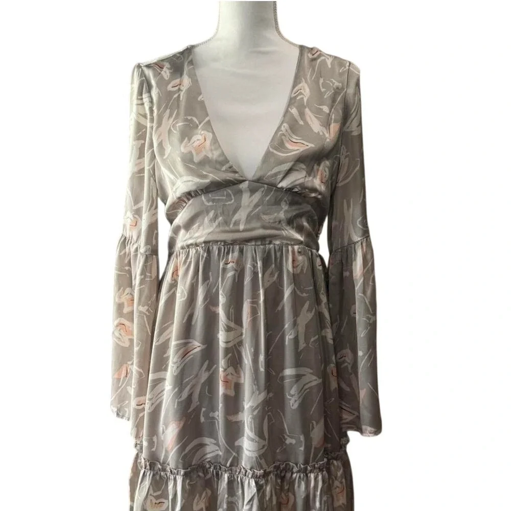 Floral Print‎ Long Sleeve Midi Dress Bell Sleeve V Neck Boho Subtle Boutique